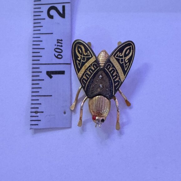Vtg 70s Insect Brooch/Pin Gold Tone Black Enamel Wings Geometric Pattern Wings - Picture 7 of 7